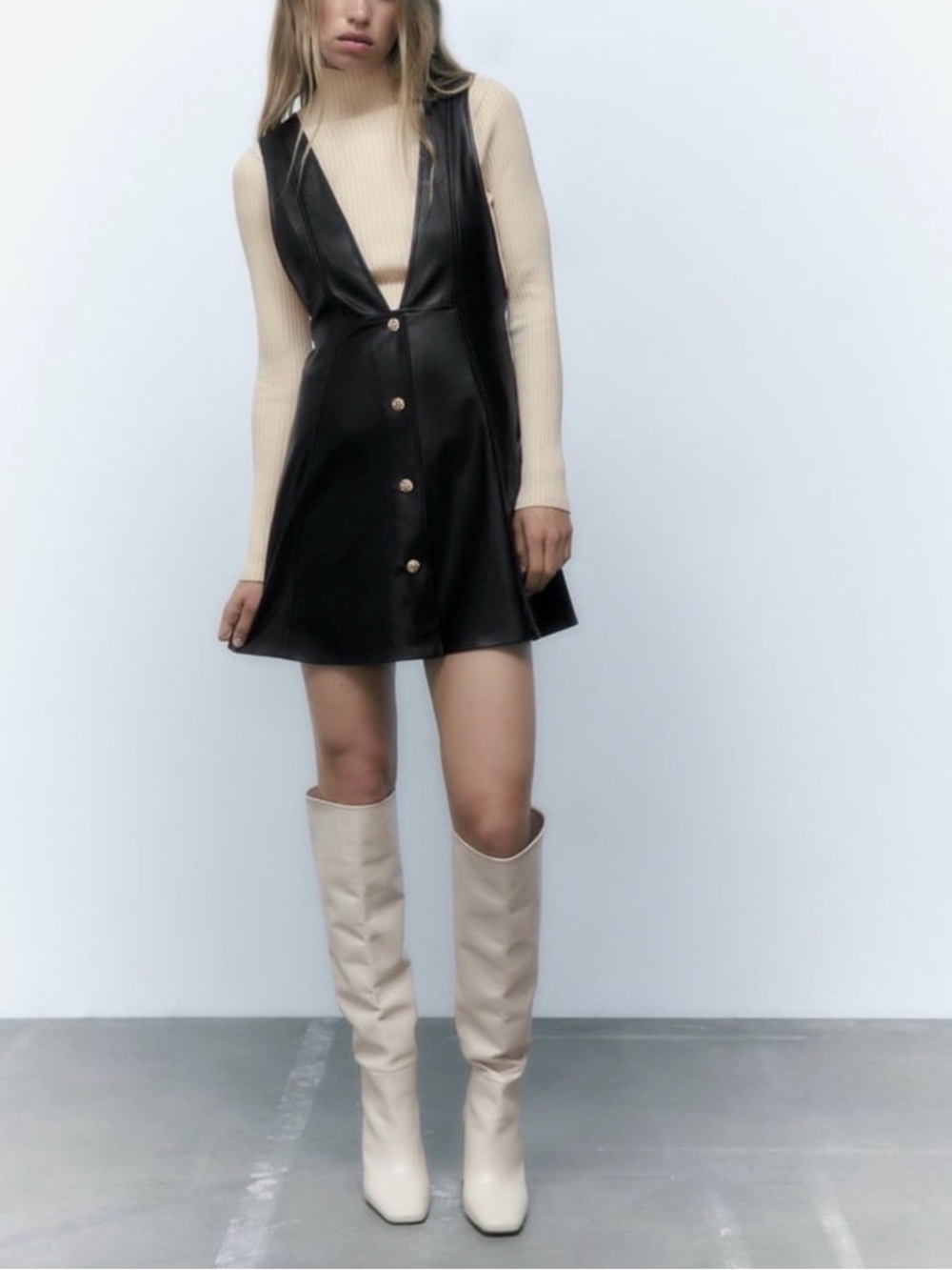 Zara Black Faux Leather Dress M Sleeveless Button Front Dark Academia Y2K